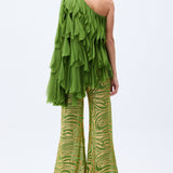 One Shouldered Pistachio Green Top With Laser Cut Chiffon Frills