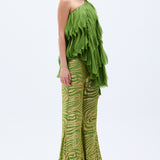 One Shouldered Pistachio Green Top With Laser Cut Chiffon Frills