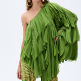 One Shouldered Pistachio Green Top With Laser Cut Chiffon Frills