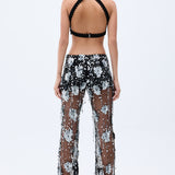 Flower Shaped Sequin Embroidered Black Net Crop Top