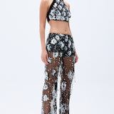 Flower Shaped Sequin Embroidered Black Net Crop Top