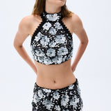 Flower Shaped Sequin Embroidered Black Net Crop Top