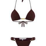 Knitted Burgundy Draped Bikini Set With Gold Metal Beads
