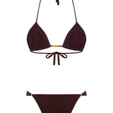 Knitted Burgundy Draped Bikini Set With Gold Metal Beads
