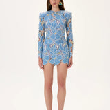 Denim & Lace Mini Dress With Gold Metal Centered Flower Embroidery