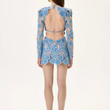 Denim & Lace Mini Dress With Gold Metal Centered Flower Embroidery