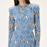 Denim & Lace Mini Dress With Gold Metal Centered Flower Embroidery