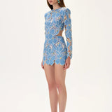 Denim & Lace Mini Dress With Gold Metal Centered Flower Embroidery