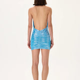 Ruched Metallic Jersey Mini Dress With Crystal Flower On The Waist