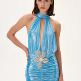Ruched Metallic Jersey Mini Dress With Crystal Flower On The Waist