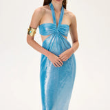 Midi Dress With Balloon Skirt And Ruched Waist