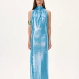 Metallic Jersey Halter Neck Maxi Gown With Gold Back Accessory