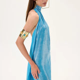 Metallic Jersey Halter Neck Maxi Gown With Gold Back Accessory