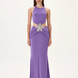 Violet Buzzy Maxi Gown With Draped Waistline And Crystal Flower