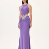 Violet Buzzy Maxi Gown With Draped Waistline And Crystal Flower