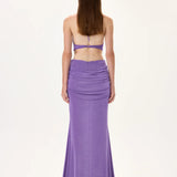 Violet Buzzy Maxi Gown With Draped Waistline And Crystal Flower