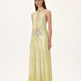 Yellow Metallic Jersey Ruched Maxi Dress With Crystal Flower On The Waist