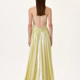 Yellow Metallic Jersey Ruched Maxi Dress With Crystal Flower On The Waist