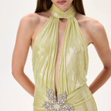 Yellow Metallic Jersey Ruched Maxi Dress With Crystal Flower On The Waist