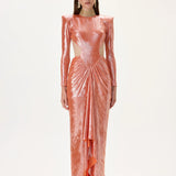 Cut-Out Detailed Metallic Jersey Maxi Dress With High-Low Hemline And Train