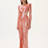 Cut-Out Detailed Metallic Jersey Maxi Dress With High-Low Hemline And Train