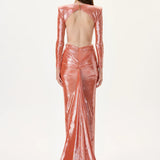 Cut-Out Detailed Metallic Jersey Maxi Dress With High-Low Hemline And Train