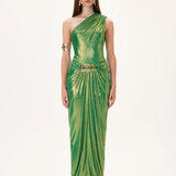 One Shouldered Midi Dress With Balloon Skirt And Gold Belt Detail