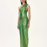 One Shouldered Midi Dress With Balloon Skirt And Gold Belt Detail