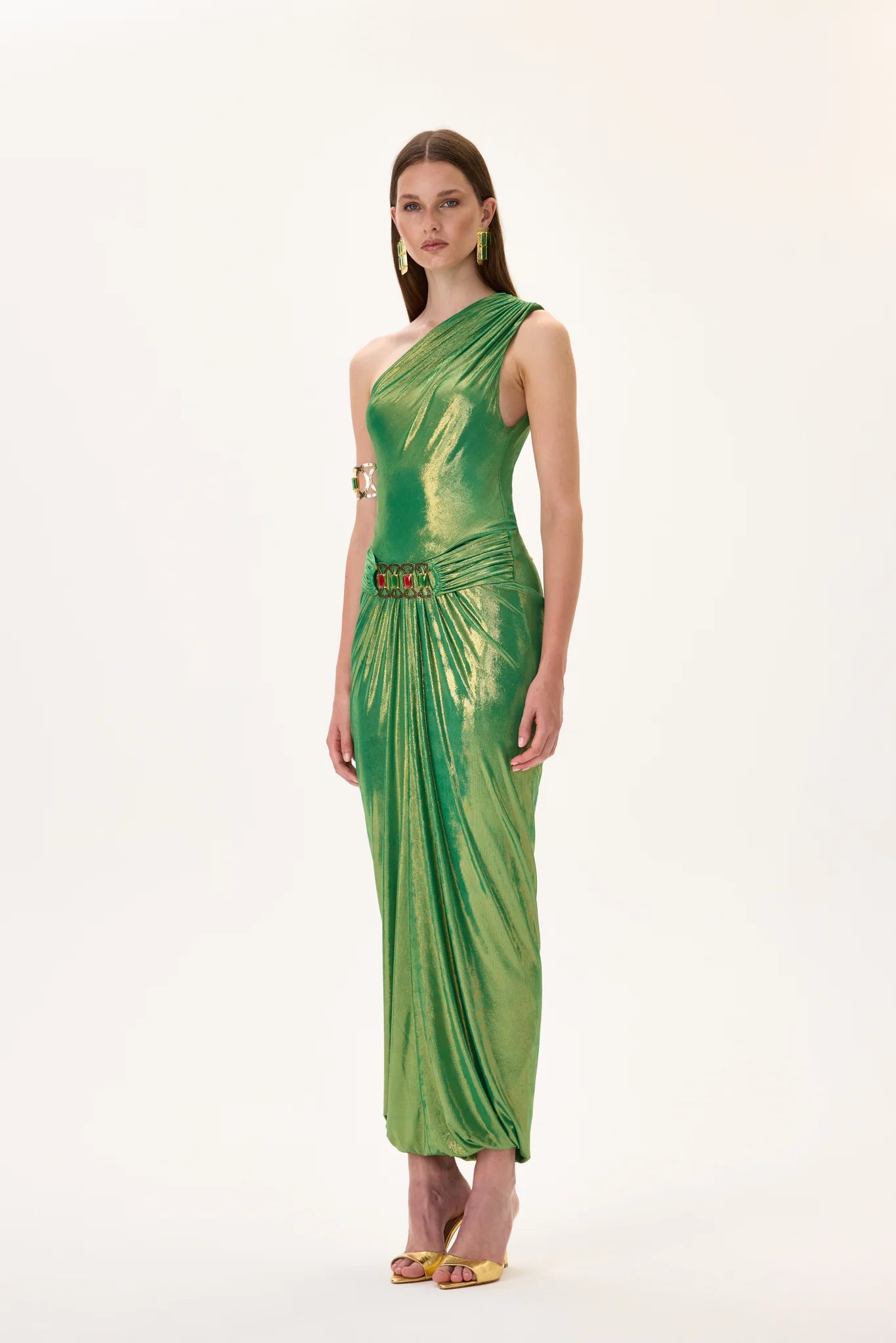 green dress gold belt A-Line Prom Dress Green Satin Off Shoulder Surplice Pleats Slit, Gold Belt