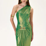 One Shouldered Midi Dress With Balloon Skirt And Gold Belt Detail