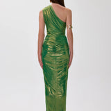 One Shouldered Midi Dress With Balloon Skirt And Gold Belt Detail