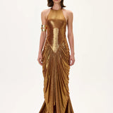 Bronze Metallic Jersey Gown With Front Slit And Train