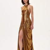 Bronze Metallic Jersey Gown With Front Slit And Train
