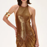 Bronze Metallic Jersey Gown With Front Slit And Train