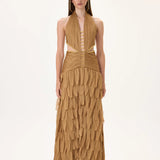 Laser Cut Chiffon Maxi Dress With Draped Body And Gold Beadings