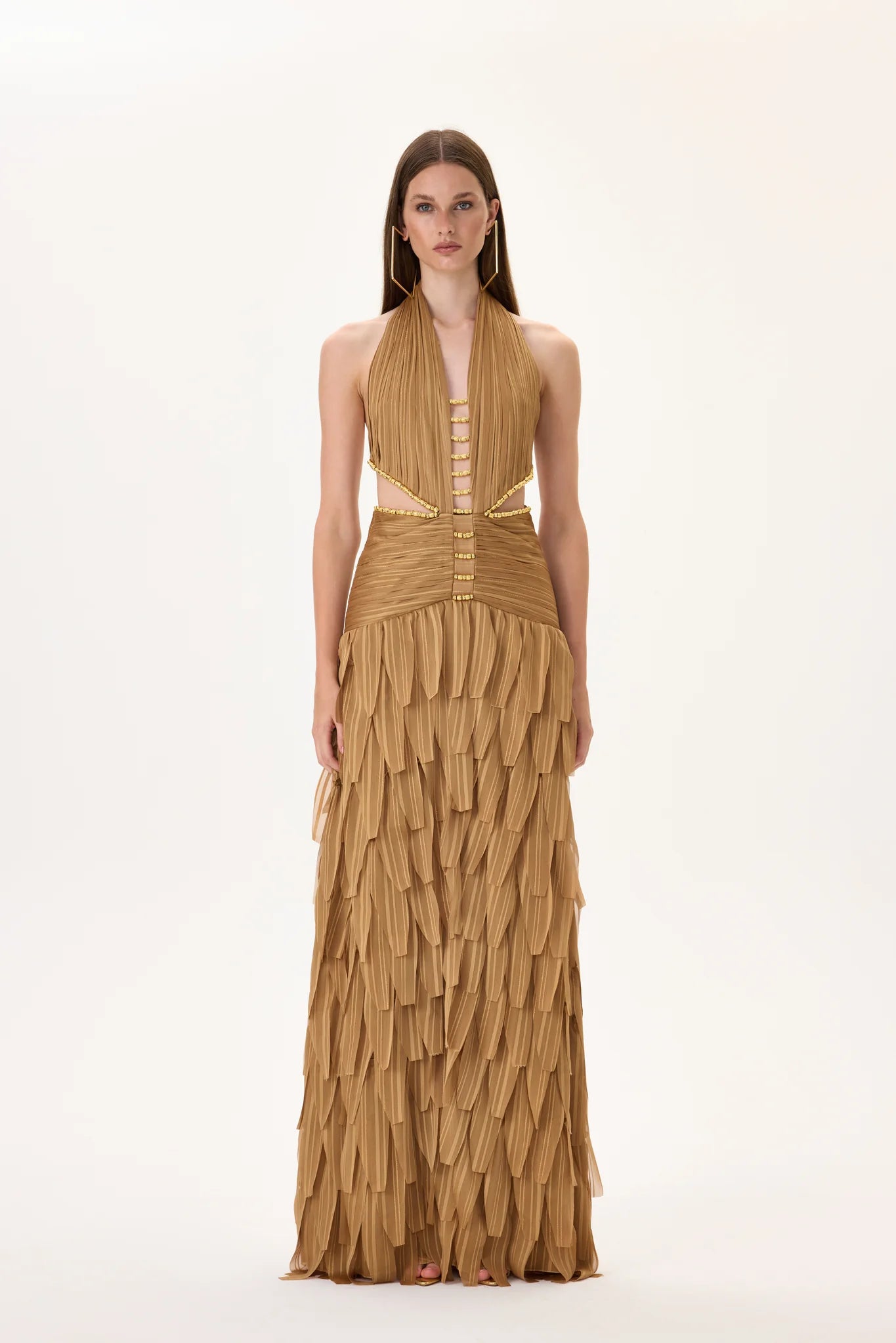 Laser Cut Chiffon Maxi Dress With Draped Body And Gold Beadings – RAISA VANESSA INT
