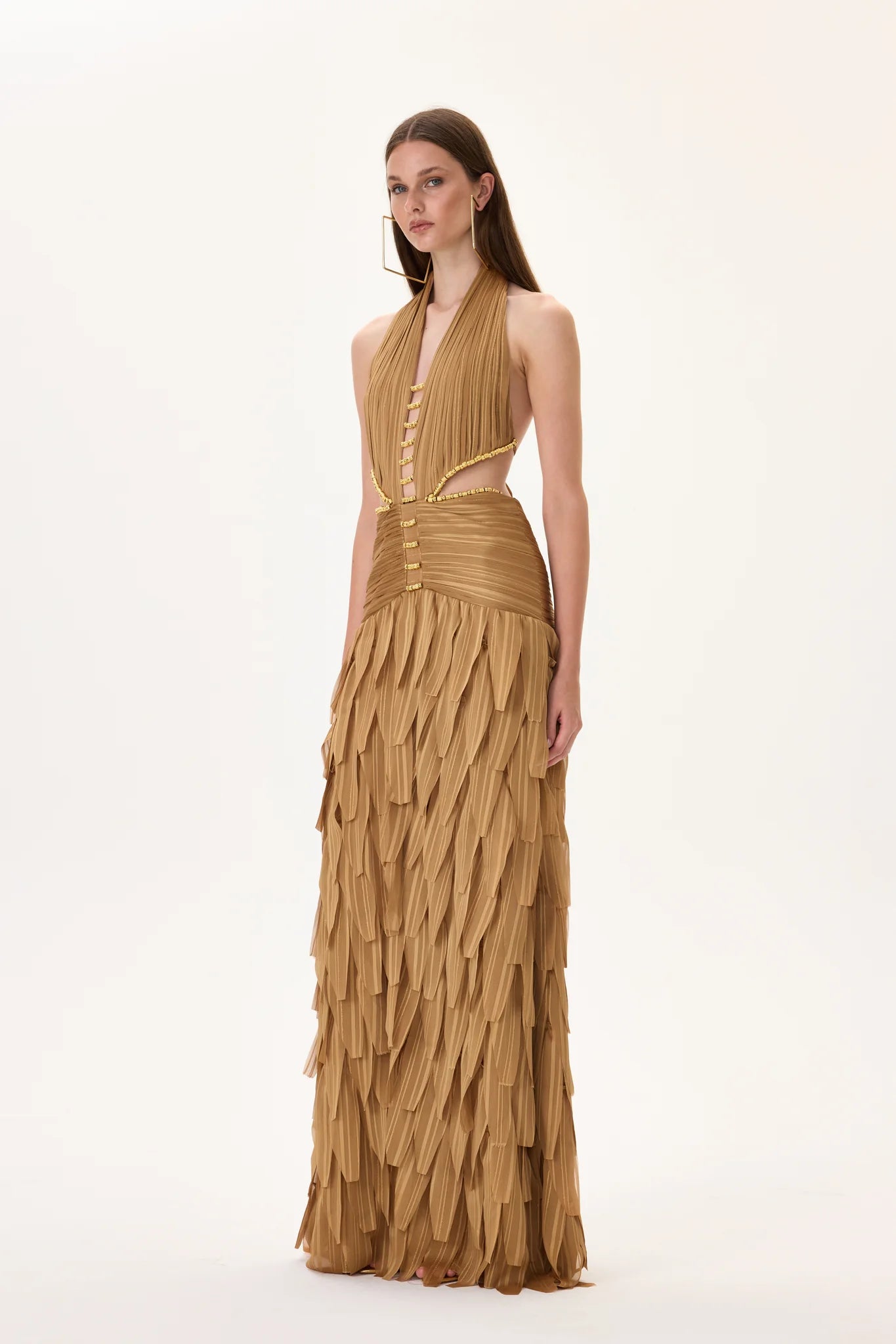 Laser Cut Chiffon Maxi Dress With Draped Body And Gold Beadings – RAISA VANESSA INT