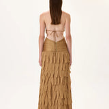 Laser Cut Chiffon Maxi Dress With Draped Body And Gold Beadings