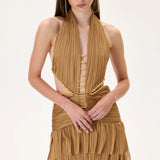 Laser Cut Chiffon Maxi Dress With Draped Body And Gold Beadings