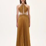 Pleated Chiffon Maxi Dress With Gold Rhinestone Borders
