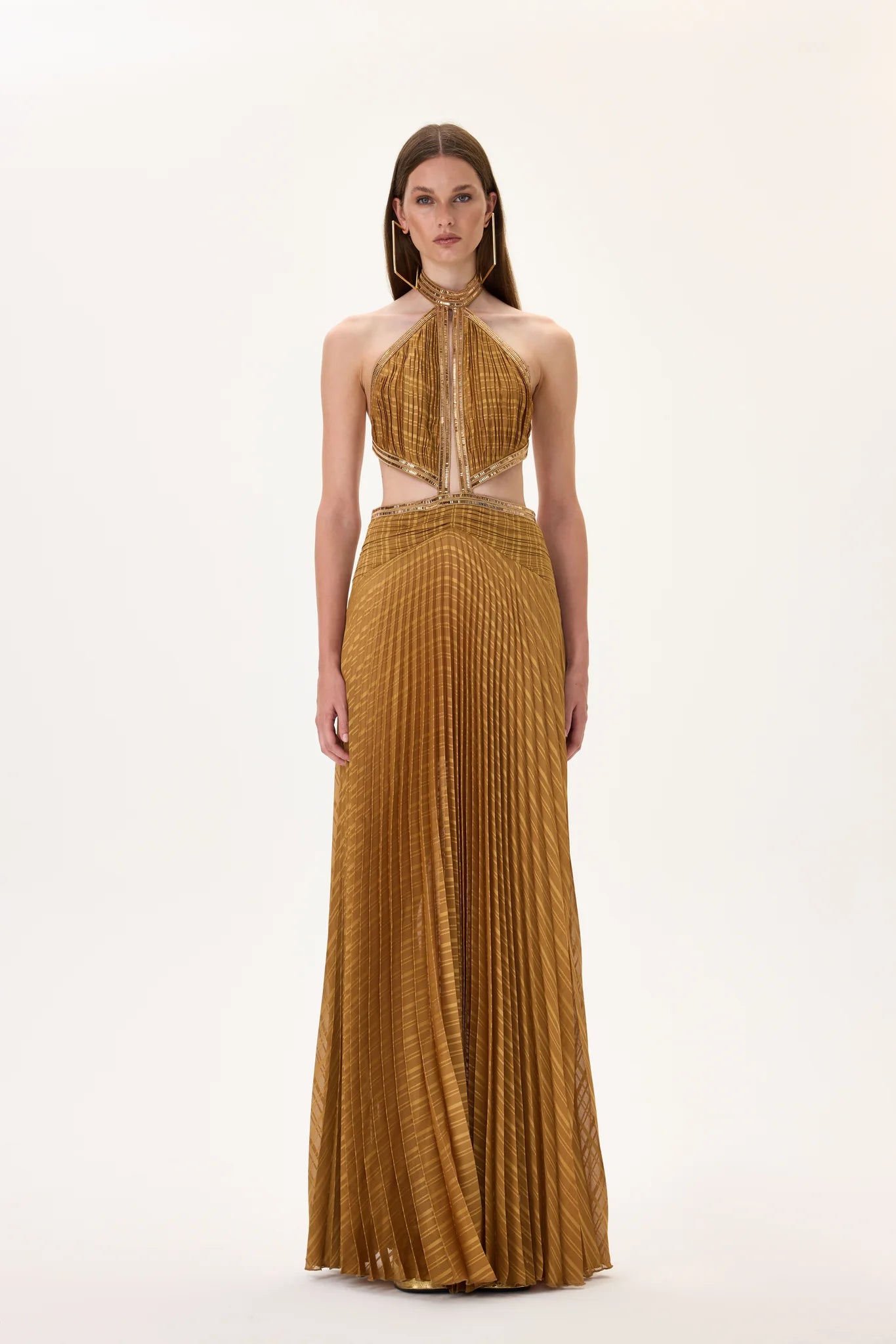 Pleated Chiffon Maxi Dress With Gold Rhinestone Borders – RAISA VANESSA INT Pleated Chiffon Maxi Dress With Gold Rhinestone Borders – RAISA VANESSA INT