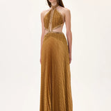 Pleated Chiffon Maxi Dress With Gold Rhinestone Borders