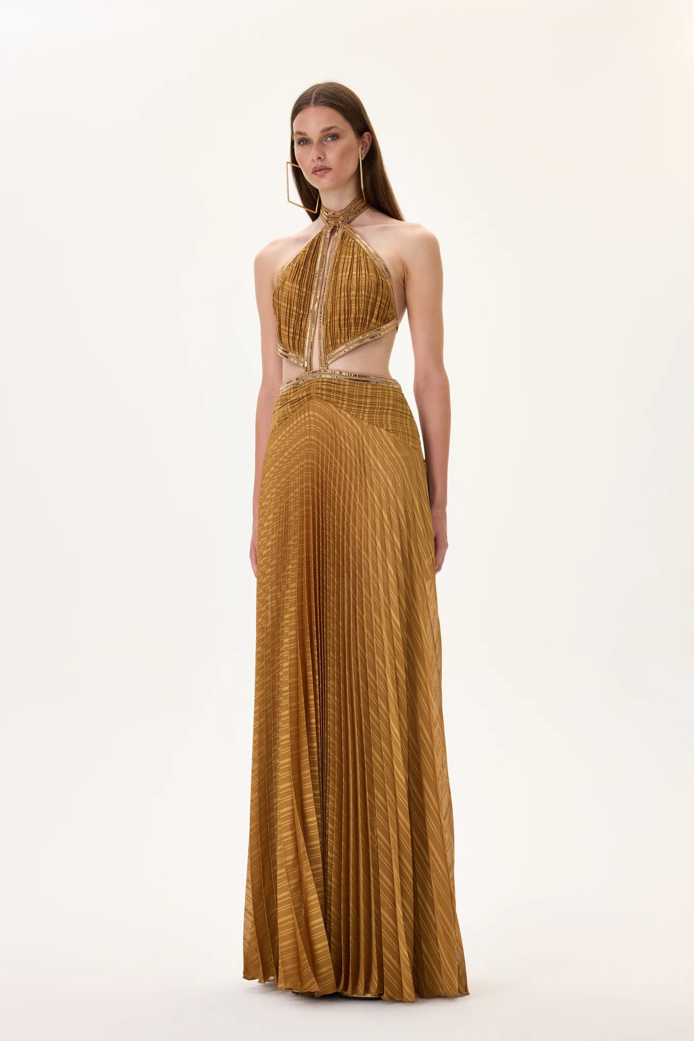 Pleated Chiffon Maxi Dress With Gold Rhinestone Borders – RAISA VANESSA INT Pleated Chiffon Maxi Dress With Gold Rhinestone Borders – RAISA VANESSA INT