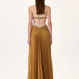 Pleated Chiffon Maxi Dress With Gold Rhinestone Borders