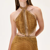 Pleated Chiffon Maxi Dress With Gold Rhinestone Borders