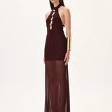 Knitted Burgundy Halter Neck Maxi Dress With Gold Metal Accessories