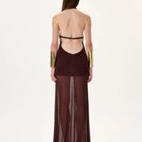 Knitted Burgundy Halter Neck Maxi Dress With Gold Metal Accessories