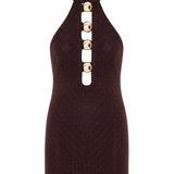 Knitted Burgundy Halter Neck Mini Dress With Gold Metal Accessories