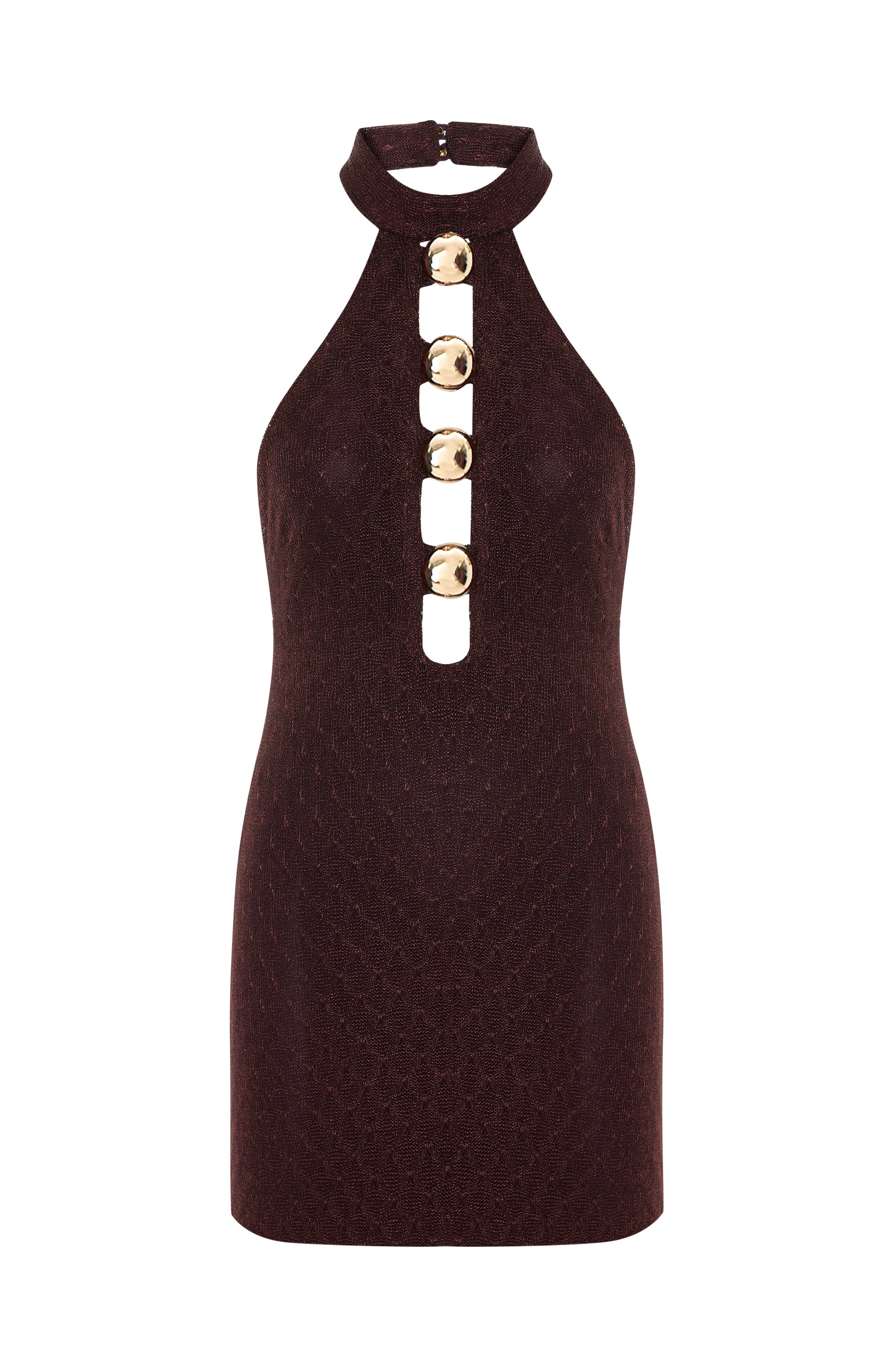 Knitted Burgundy Halter Neck Mini Dress With Gold Metal Accessories RAISA VANESSA INT Knitted Burgundy Halter Neck Mini Dress With Gold Metal Accessories RAISA VANESSA INT