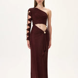 Knitted Burgundy One Sleeved Draped Midi Dress With Side Slit And Gold Accessories